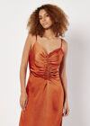 Ruched Satin A-Line Midi Dress, Orange, large