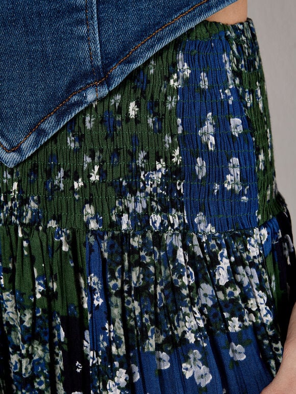 Floral Patchwork Crinkle Wide-Leg Trousers, Navy, large