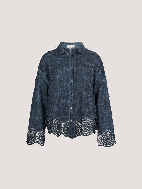 Textured Cotton Floral Crochet Blouse, Navy, large