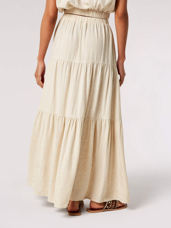 Linen Blend Tiered Maxi Skirt, Stone, large