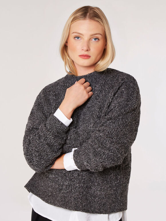 Plaited Knit Mock Neck Jumper, Grey, large