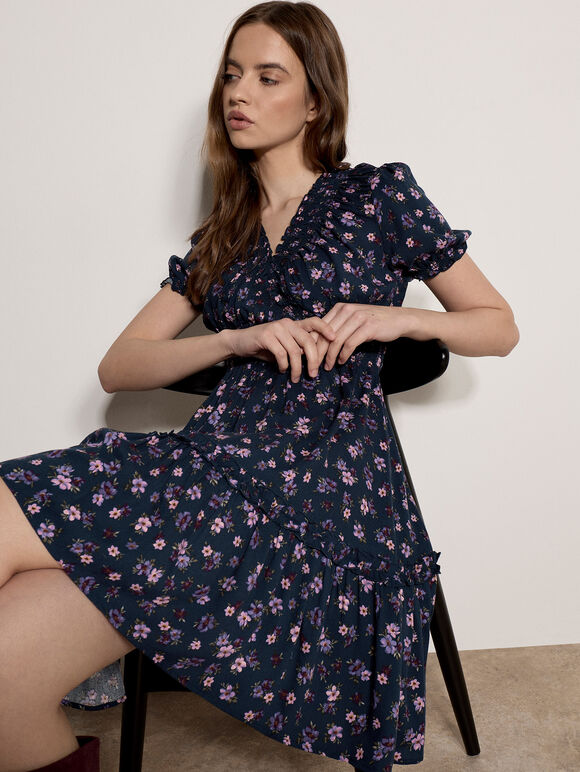 Floral Print Smocked Mini Dress, Navy, large