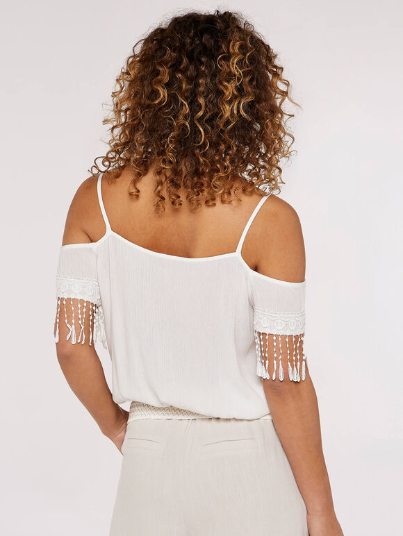 Embroidered Cut-Out Shoulder Top, White, large