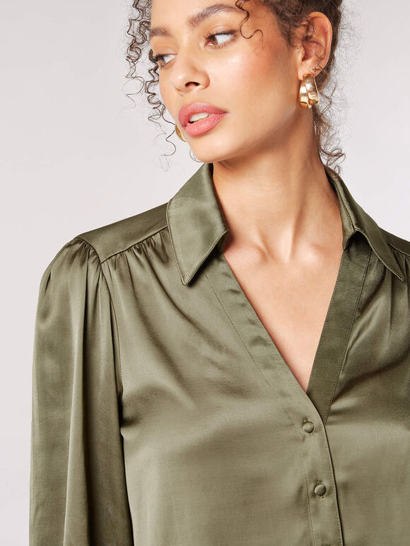 Balloon Sleeve Satin Shirt, Khaki, large