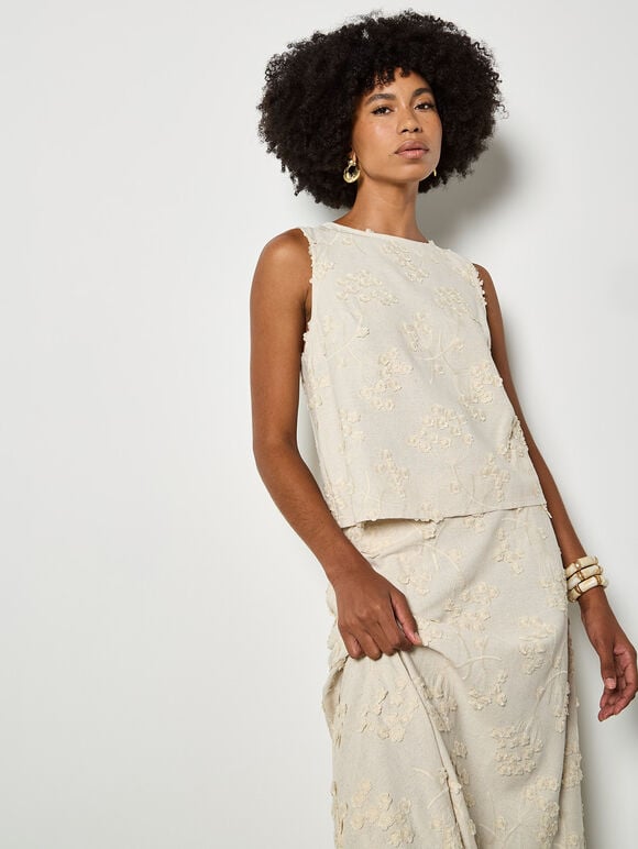 Embroidered Floral Linen Blend Shell Top, Stone, large