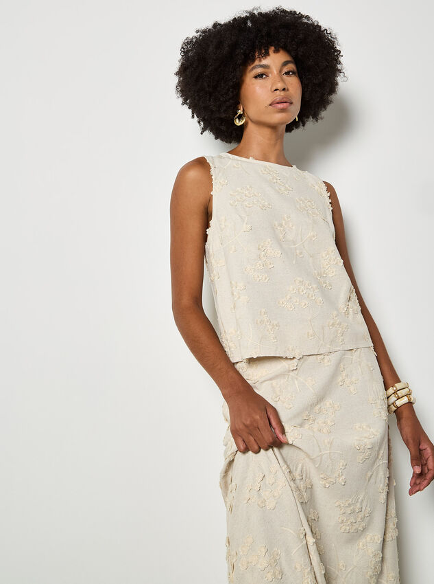 Embroidered Floral Linen Blend Shell Top, Stone, large