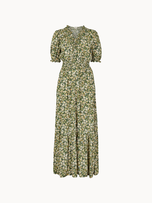 Ditsy Floral Tiered Maxi Dress, Green, large
