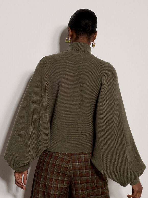 Ribbed Knit Batwing Cape Jumper, Khaki, large
