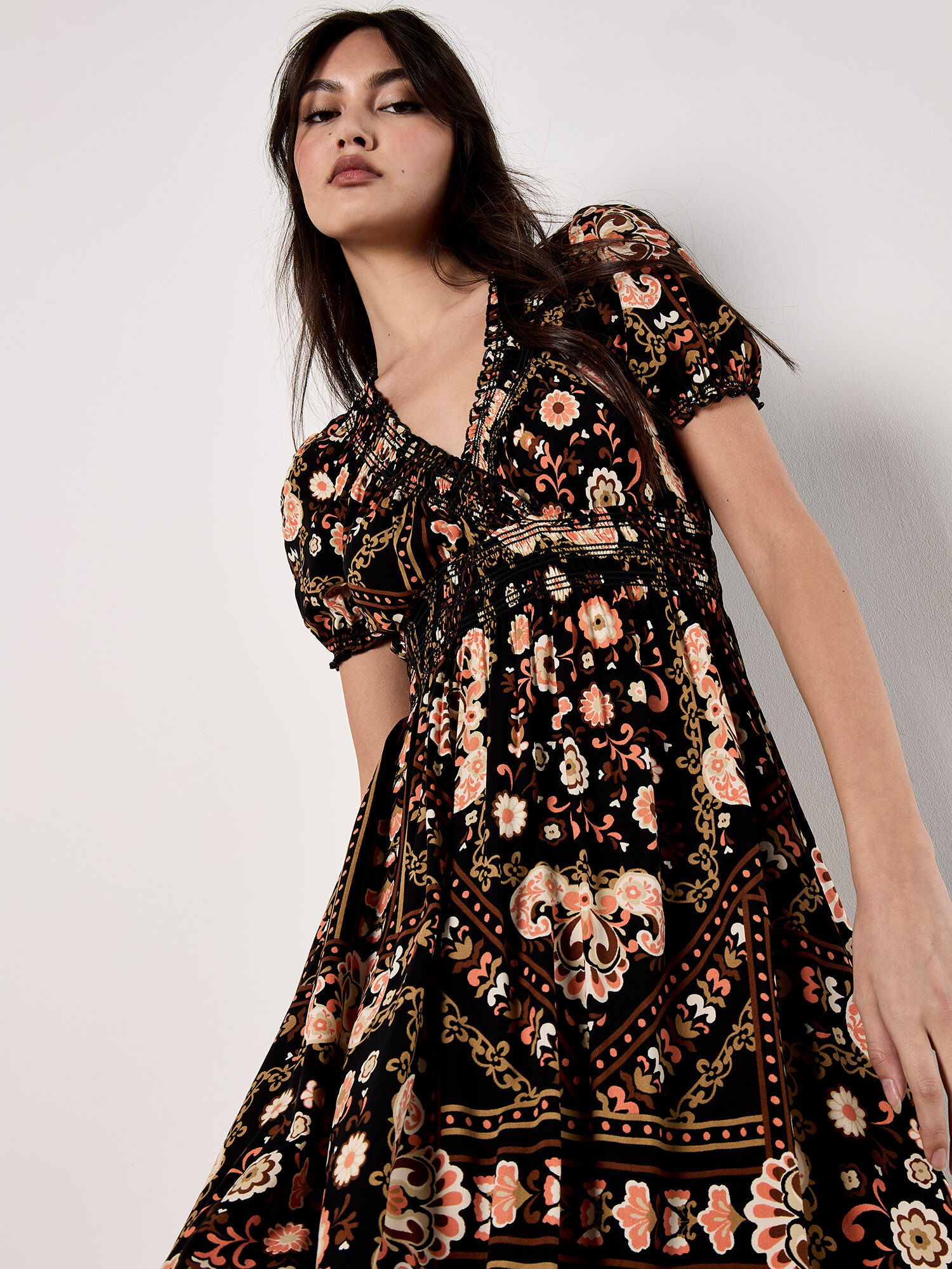 Scarf Print Smocked Maxi Dress | Apricot Clothing