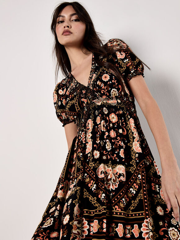 Scarf Print Smocked Maxi Dress, Black, large