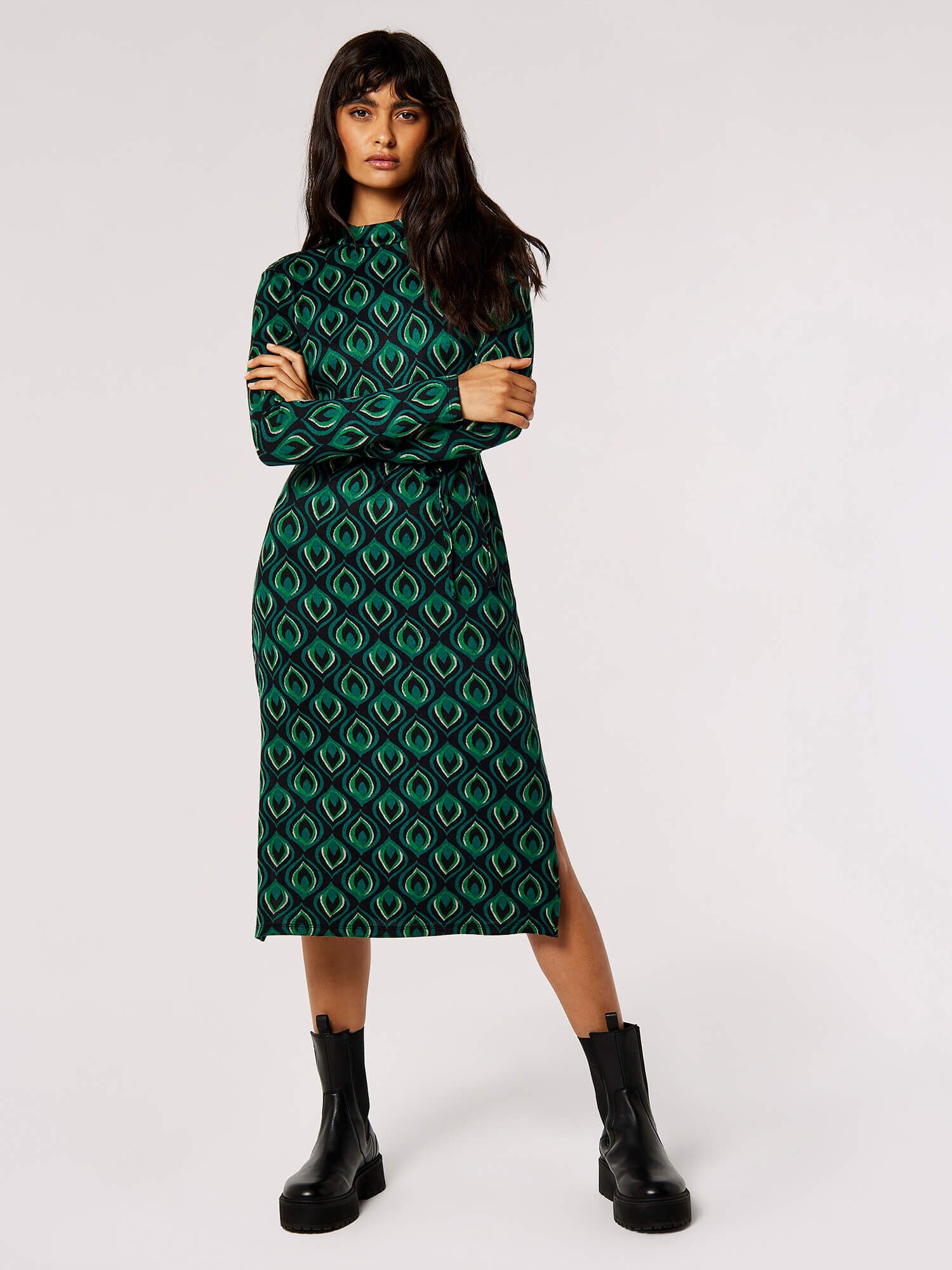 Peacock Print Knit Midi Dress Apricot Clothing