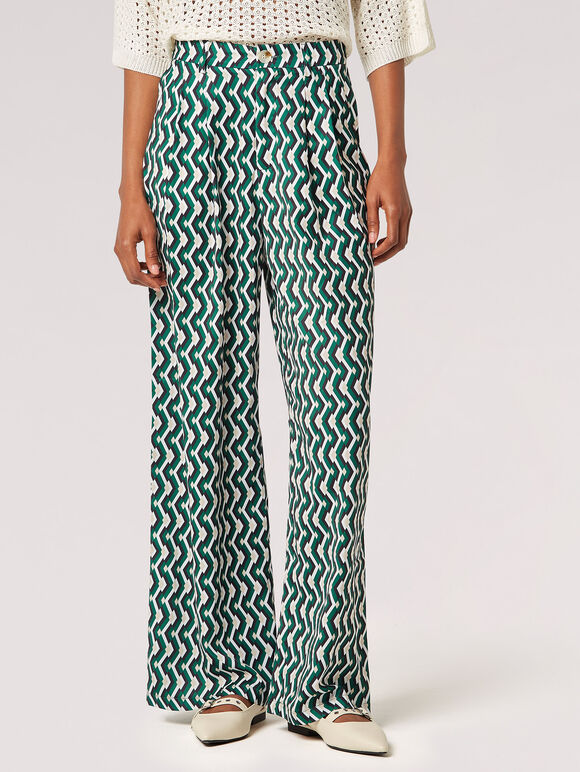 Geometric Satin Palazzo Trousers, Green, large