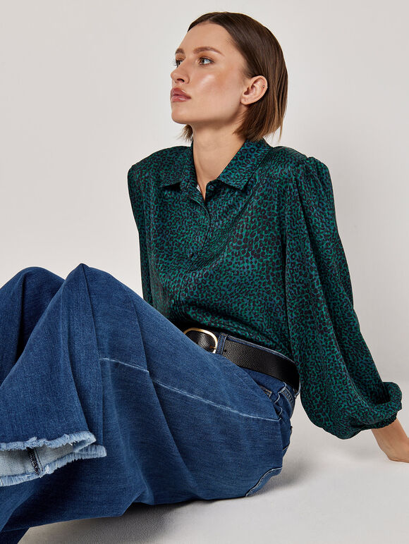 Animal Print Self Stripe Satin Shirt, Green, large