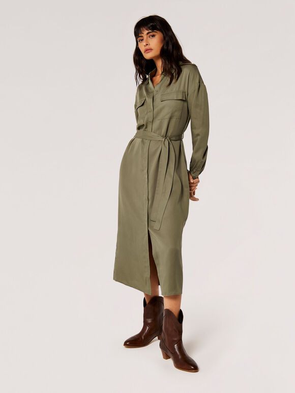 Utility Shirt Midi Dress, Khaki, large