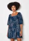 Floral Print Tiered Mini Dress, Navy, large