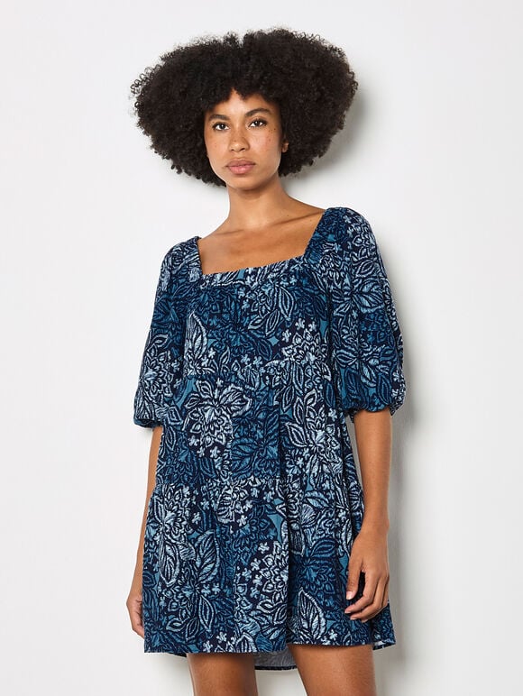 Floral Print Tiered Mini Dress, Navy, large