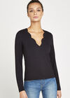 Scalloped Neck Long Sleeve Top, Black, large