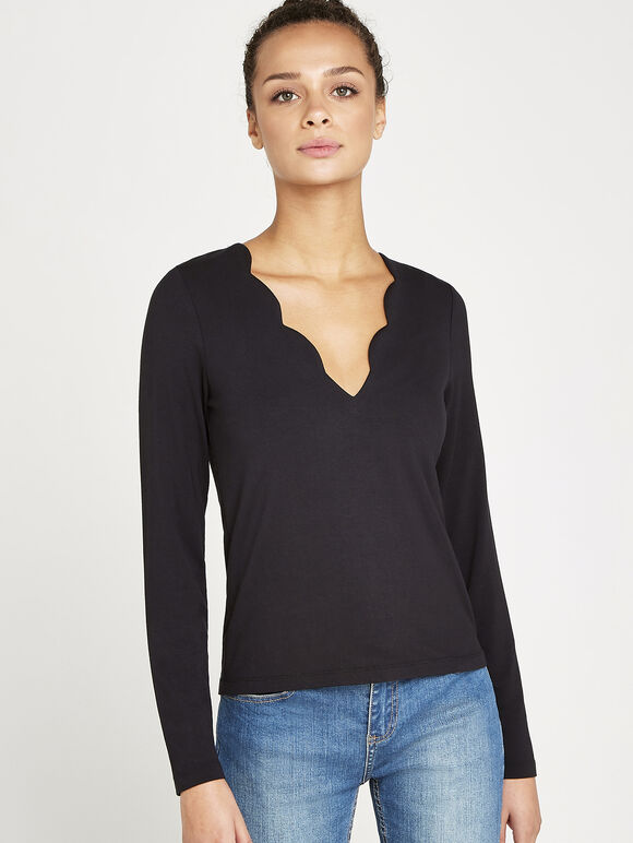 Scalloped Neck Long Sleeve Top, Black, large