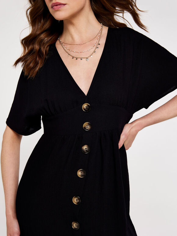 V-Neck Button Front Dress, Black, large