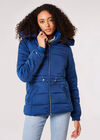 Faux Fur Hood Puffer Jacket, Blue, large