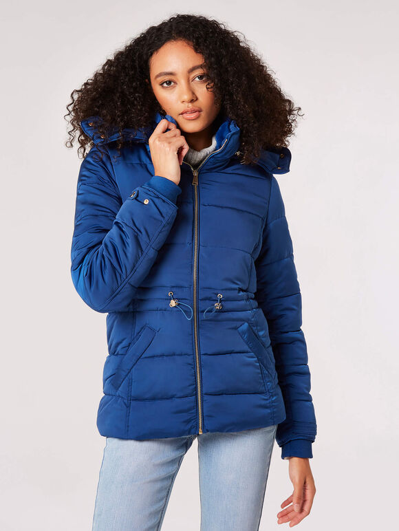 Faux Fur Hood Puffer Jacket, Blue, large