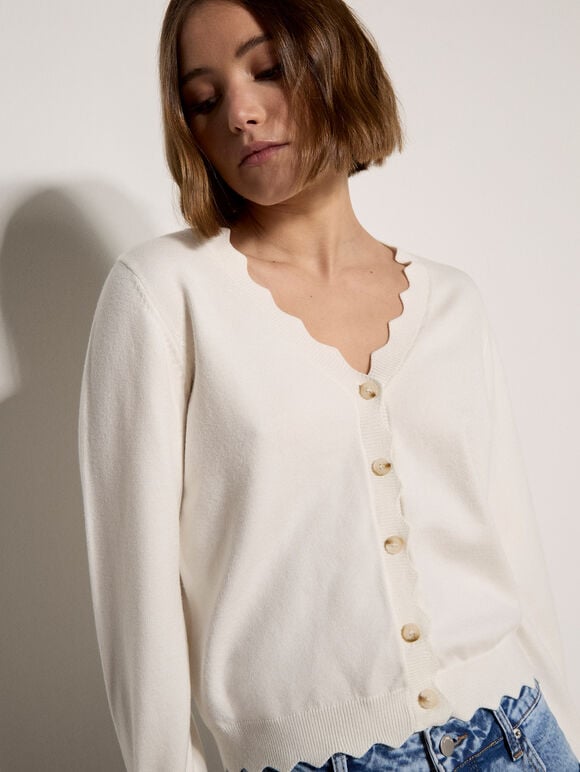 Scallop Hem Cardigan, Cream, large