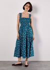 Orchid Print Smocked Midi Dress, Blue, large