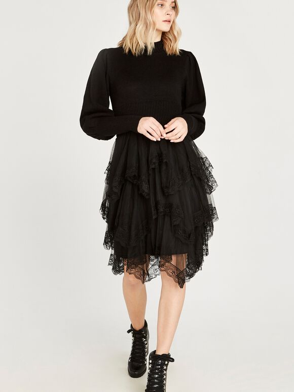 Mesh Skirt Jumper Dress, Black, large