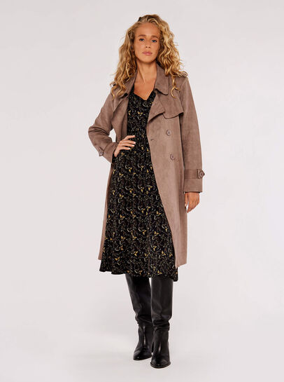 Double-Breasted Suede Belted Trench Coat