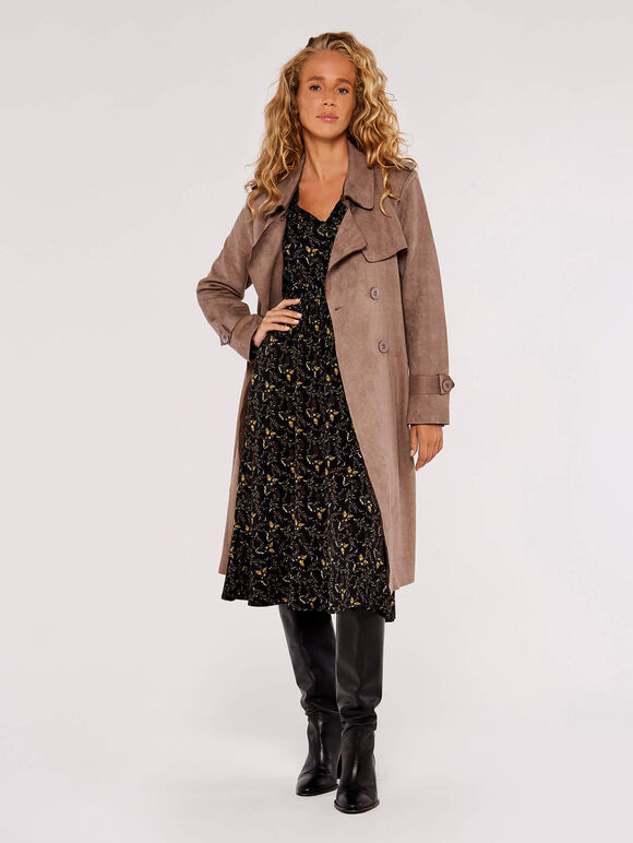 Double-Breasted Suede Belted Trench Coat, Brown, large