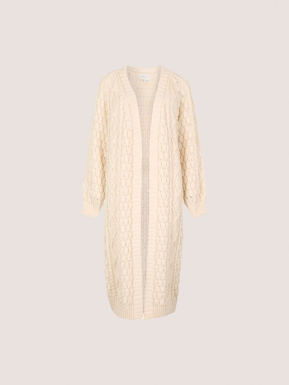 Chunky Cable Knit Longline Cardigan, Cream, large
