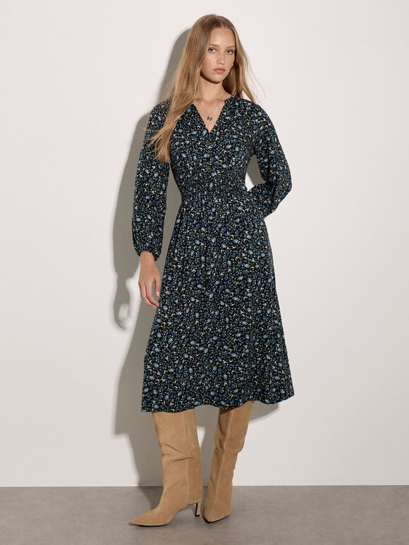 Ditsy Floral Crepe Midi Dress, Navy, large