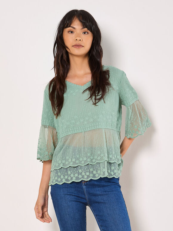 Embroidered Cotton Mesh Blouse, Mint, large