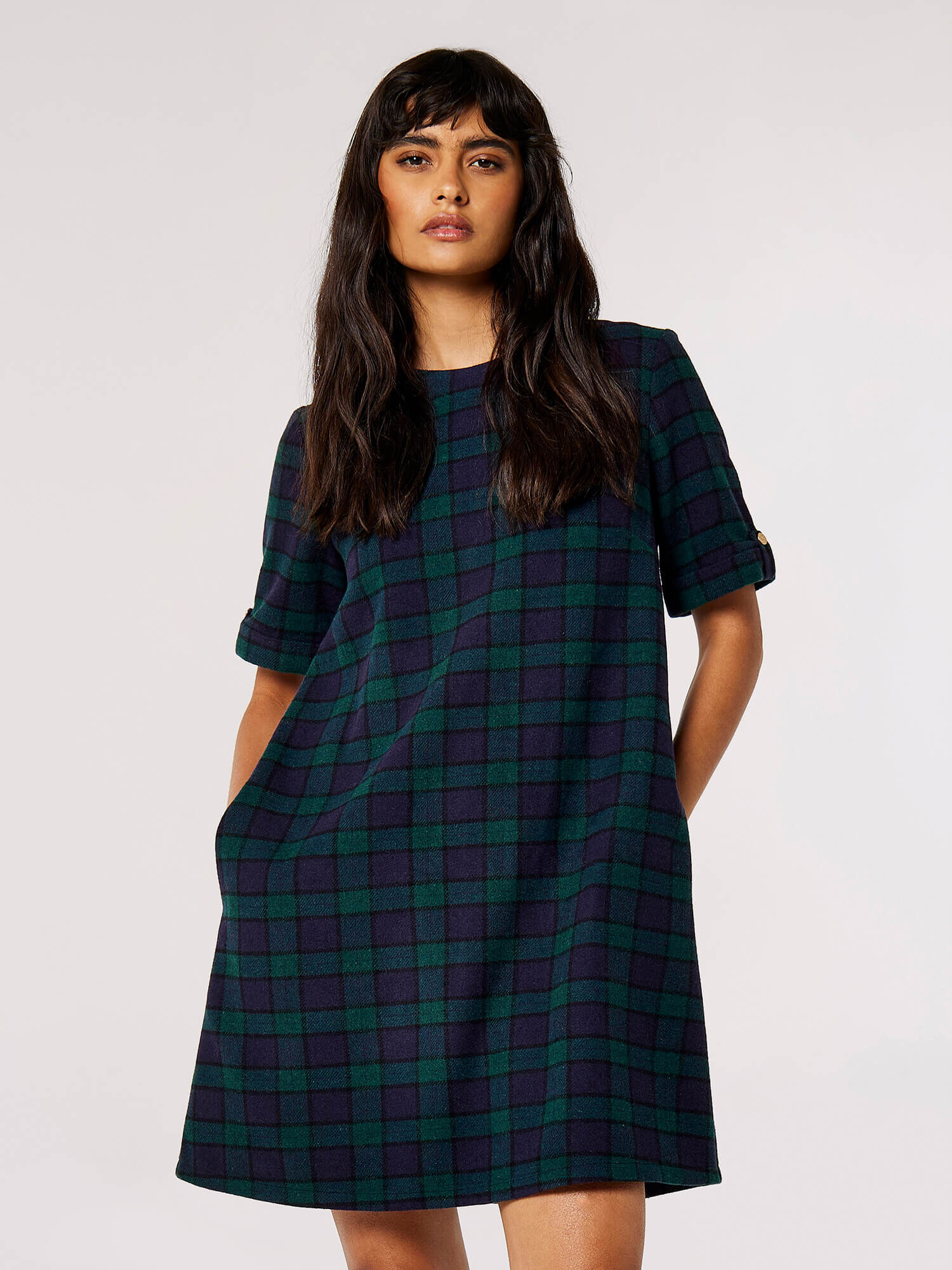 Tartan Check Swing Mini Dress Apricot Clothing