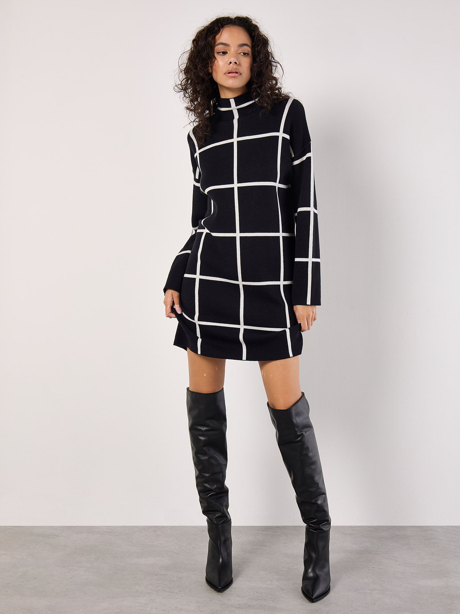 Window Check Knitted Mini Dress Apricot Clothing