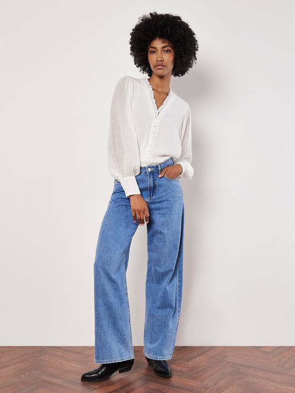 Ruffle Neck Textured Blouse, White, large