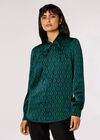 Geometric Tie Neck Satin Shirt, Blue, large