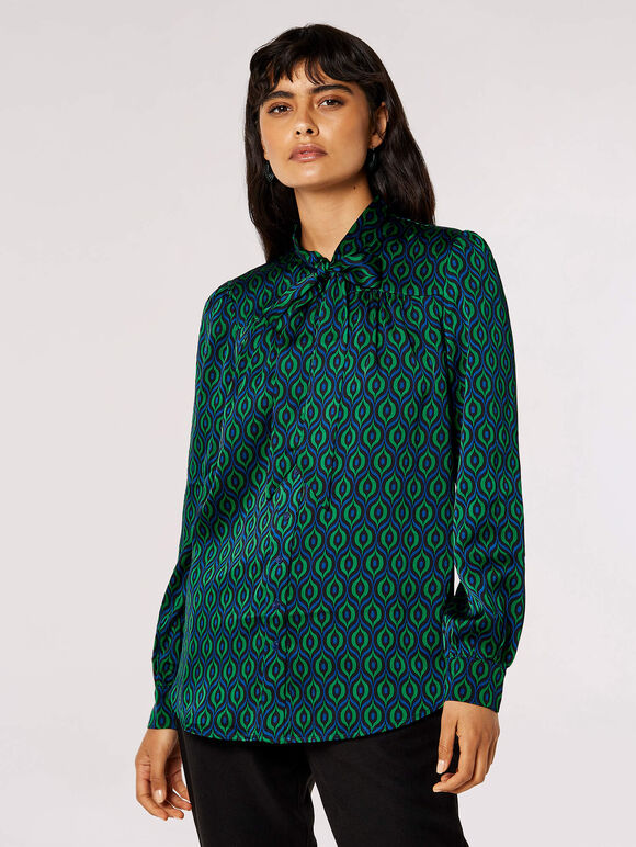 Geometric Tie Neck Satin Shirt, Blue, large