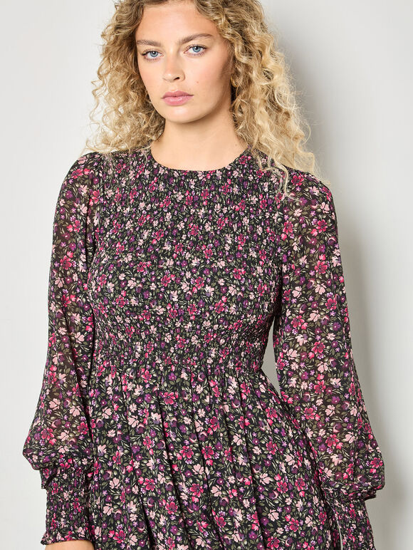 Ditsy Floral Smocked Mini Dress, Pink, large
