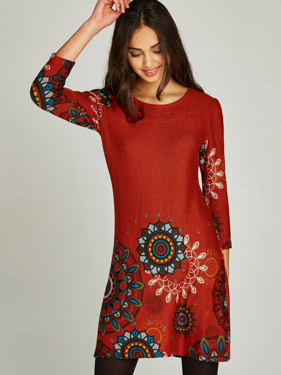 Kaleidoscope Tribal Border Dress, Red, large