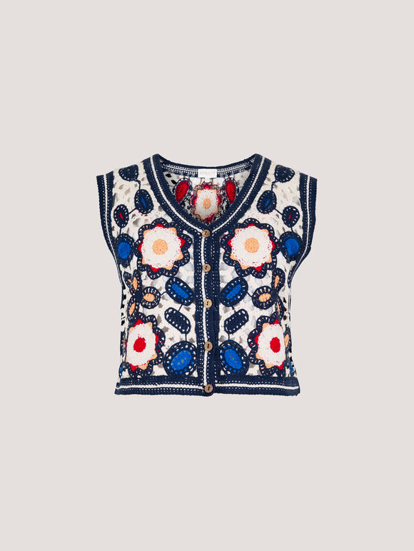 Floral Crochet Waistcoat, Navy, large
