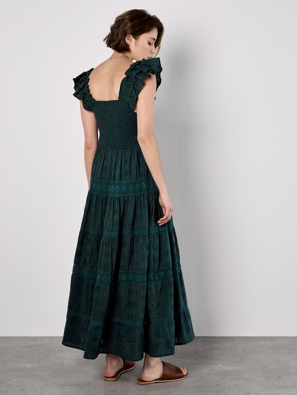 Broderie Anglaise Tiered Smocked Maxi Dress, Green, large
