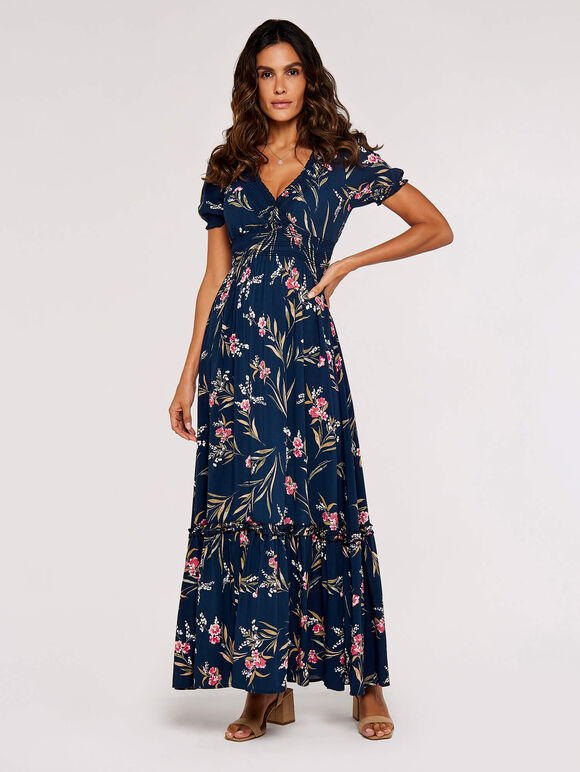 Watercolour Floral Smocked Maxi Dress, Navy, large