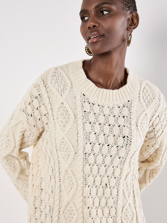 Cable Knit Oversized Jumper Mini Dress, Stone, large