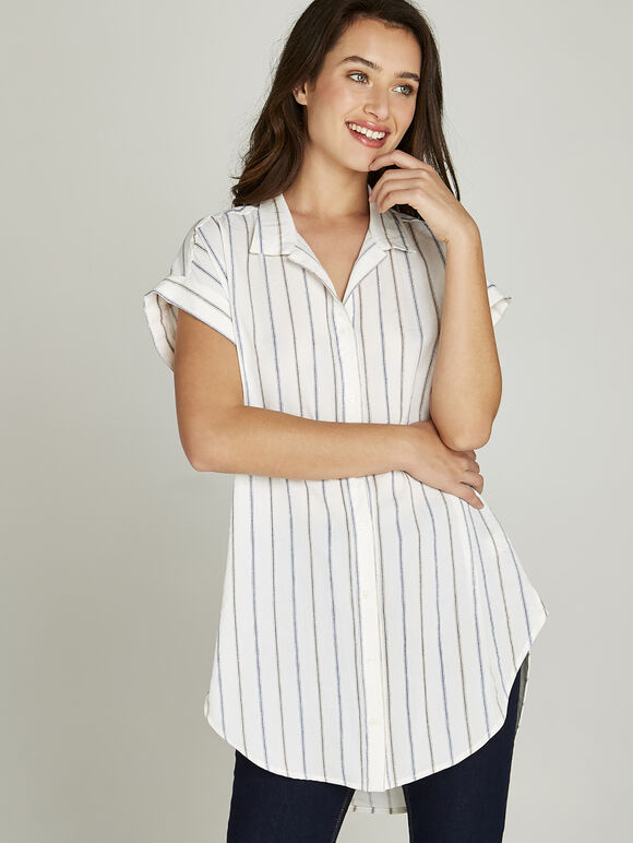 White Striped Short Turn Up Sleeve Shirt, White, large