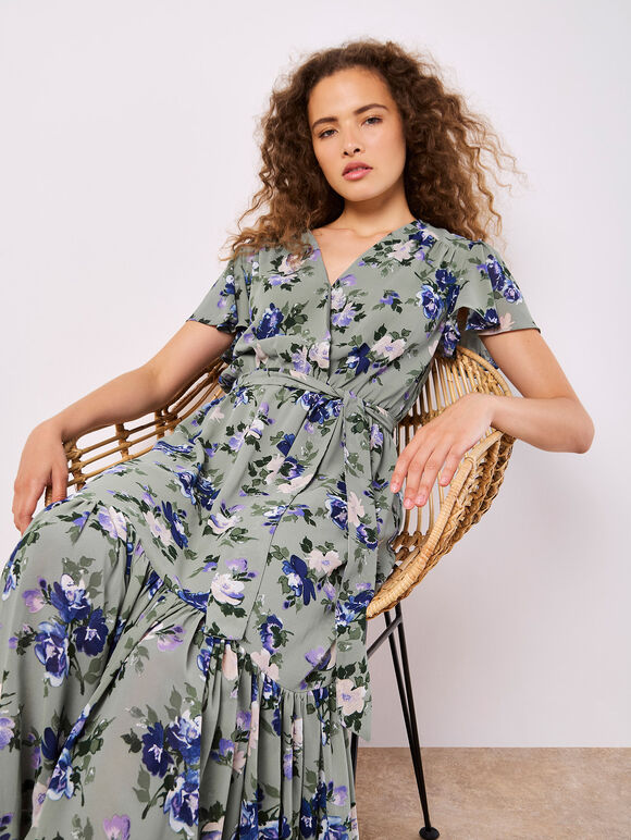 Painterly Roses Wrap Maxi Dress, Mint, large