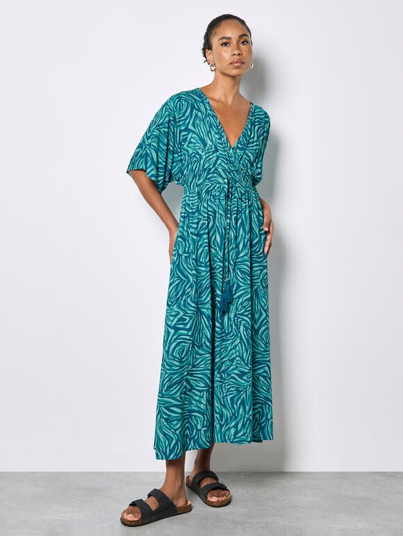 Zebra Print Kimono Midi Dress, Teal, large
