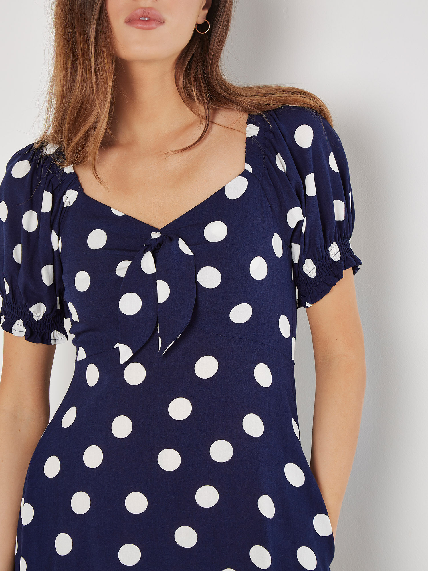 Polka Dot Bow Detail Midi Dress Apricot Clothing