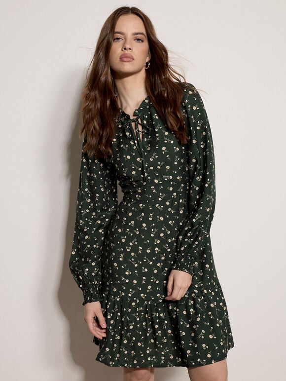 Ditsy Floral Mini Skater Dress, Green, large
