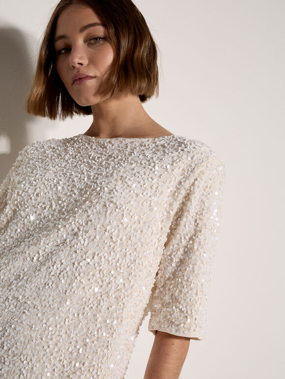 Sequin Embellished Mini Dress, White, large